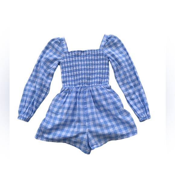 Janie and Jack Size 5 The Emma Gingham Smocked Romper Blue White Plaid One Piece - Picture 2 of 10